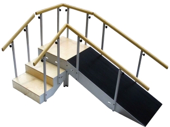 Escalera 2 tramos con pasamanos regulable, 3 escalones y rampa metálica | Espalderas, barras paralelas y escaleras