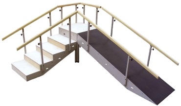 Escalera 2 tramos con pasamanos regulable, 5 escalones y rampa metálica | Espalderas, barras paralelas y escaleras
