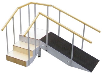 Escalera de 2 tramos con 3 escalones y rampa metálica | Espalderas, barras paralelas y escaleras