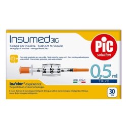 Jeringa insulina Insumed 0,5 ml con aguja de 31 G x 8 mm. Caja de 30 unidades