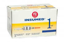 Seringues Insumed 1 ml insuline avec aiguille 30G 0,3 x 8 mm. Boîte de 30
