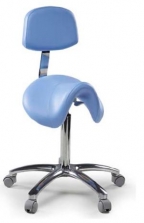 Taburete forma de silla de montar a caballo, con respaldo. Base de aluminio. Varios colores