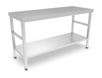 Mesa de trabalho central de aço inoxidável com prateleira. Várias medidas.
