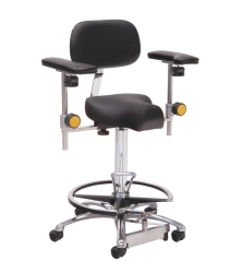 Taburete con asiento triangular, regulador de altura de pie, respaldo, apoyabrazos, reposapiés y base de aluminio | Taburetes médicos